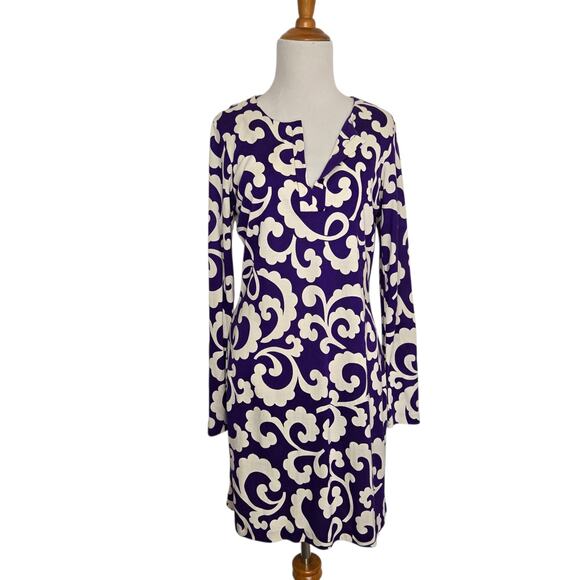 Diane von Furstenberg Reina Long Sleeve Dress Silk Purple Scroll Print Women 8 - Picture 1 of 12